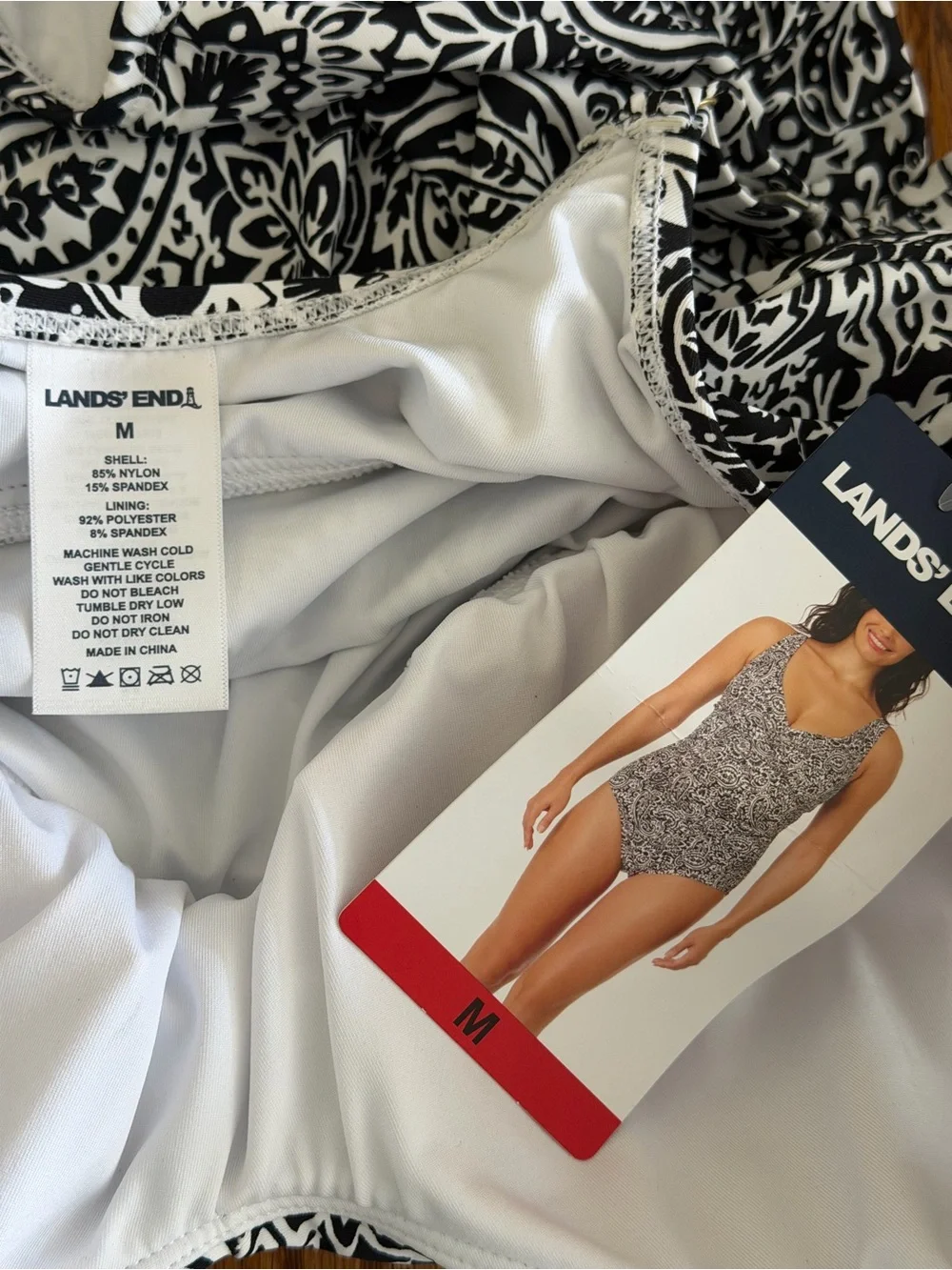 New | Lands' End | Black & White Printed One-Piece Swimsuit - size Medium